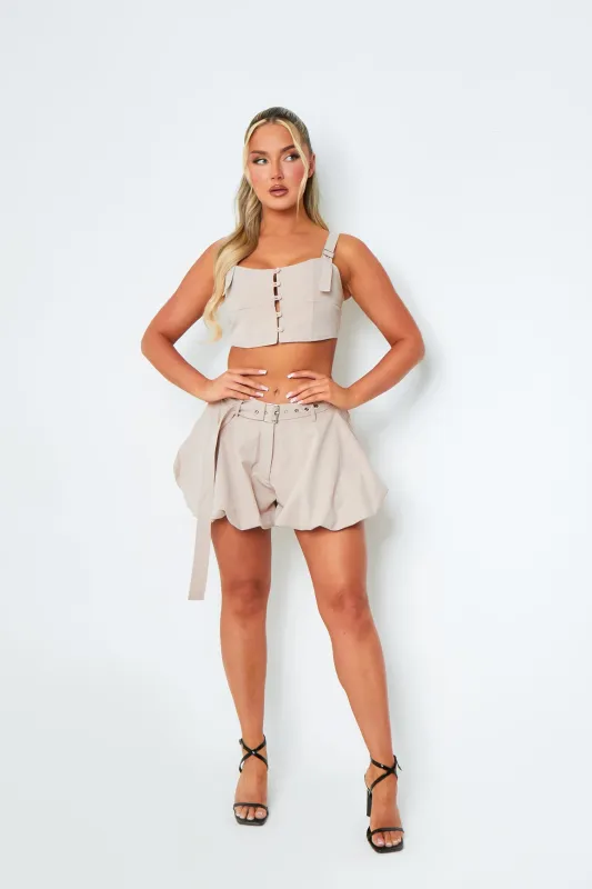 Emily Beige Belted Pleated Mini Shorts sold by Missy Empire