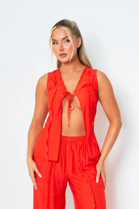 Eleanor Orange Lace Up Front Frill Detail Halterneck Top sold by Missy Empire