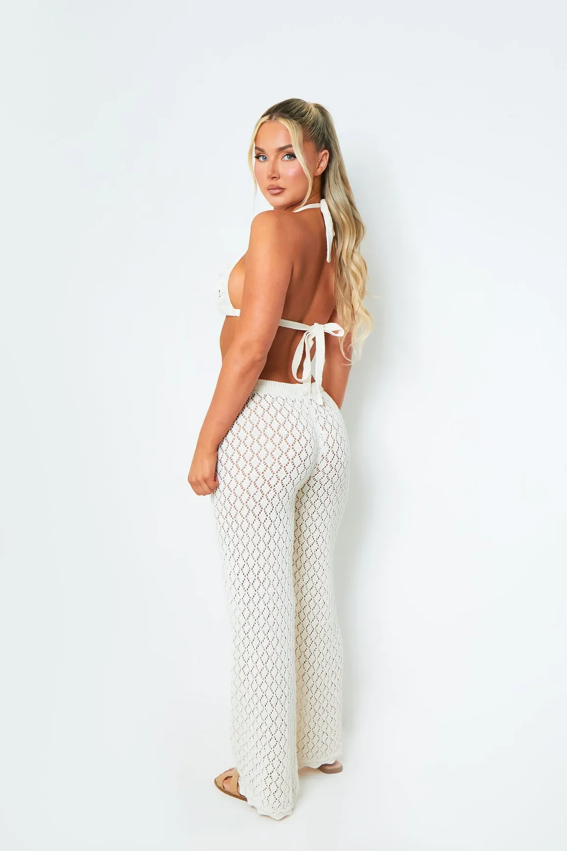 Emma White Crochet Wide Leg Trousers sold by Missy Empire product image thumbnail 2