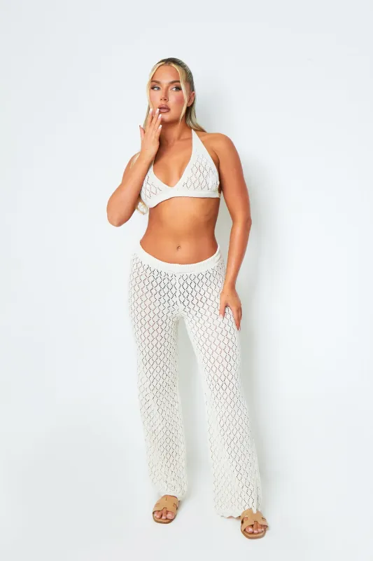Emma White Crochet Wide Leg Trousers sold by Missy Empire