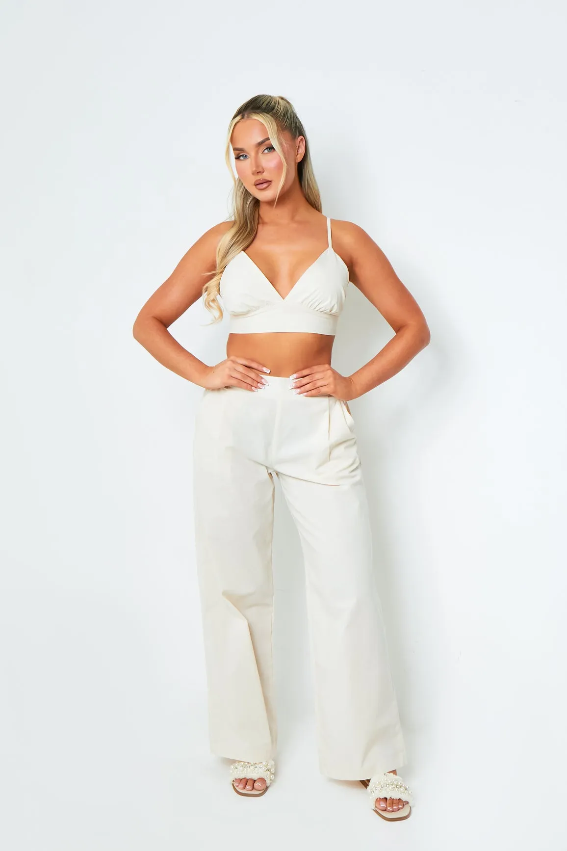 Rachel Cream High Waisted Tailored Wide Leg Trousers sold by Missy Empire product image thumbnail 3