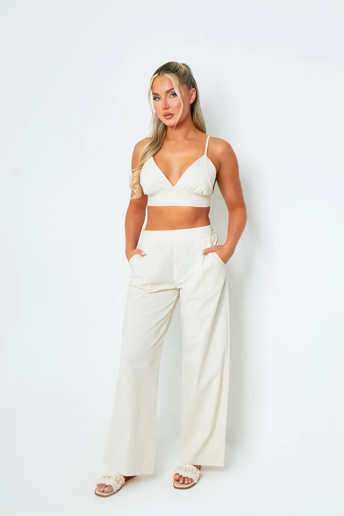 Rachel Cream High Waisted Tailored Wide Leg Trousers sold by Missy Empire