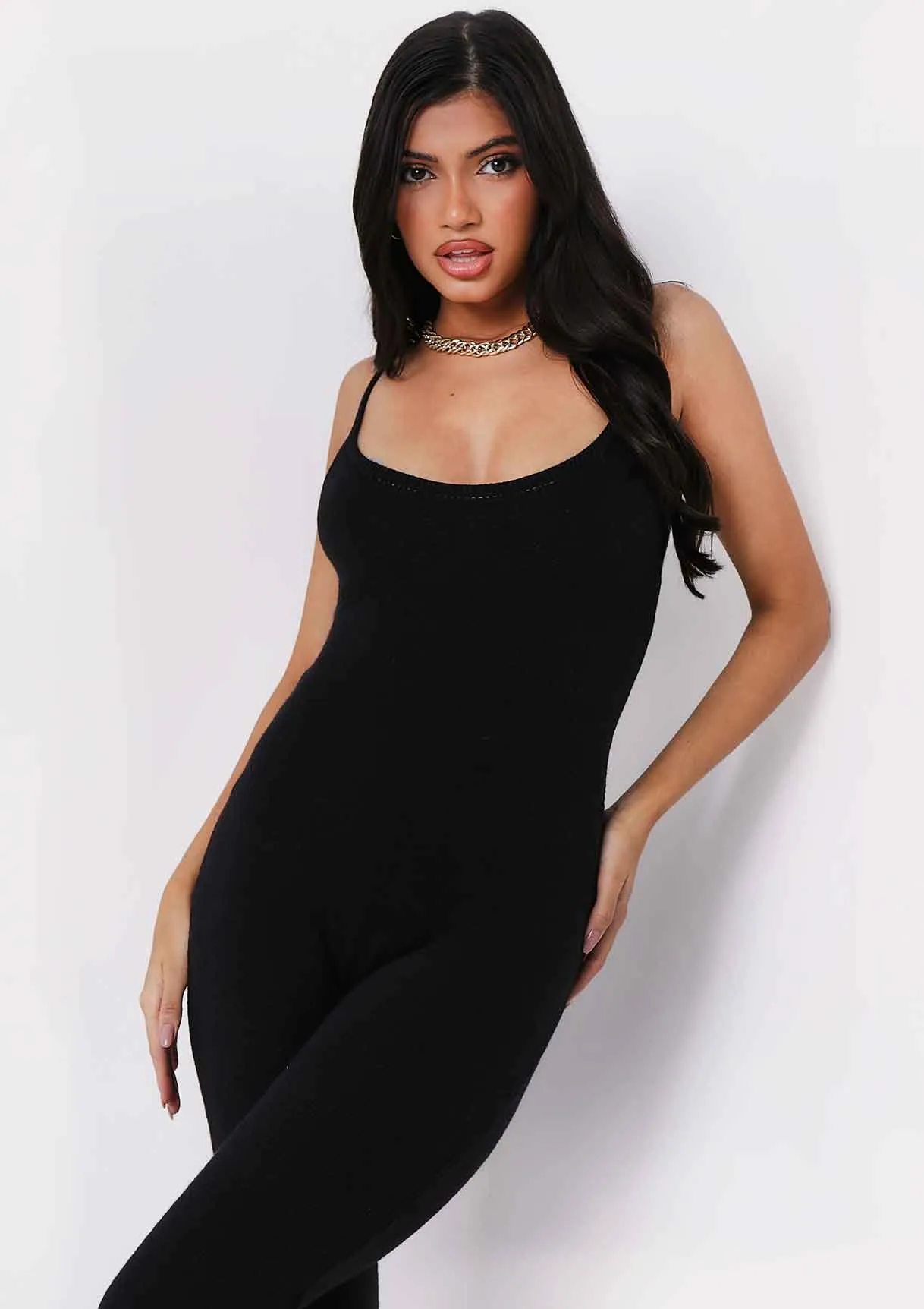 Serena Black Knitted Strappy Jumpsuit sold by Missy Empire