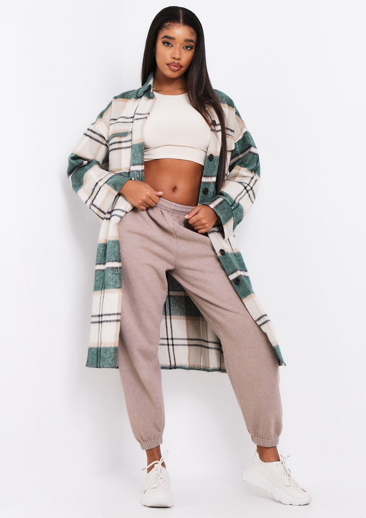 Faye Green Checked Longline Shacket sold by Missy Empire