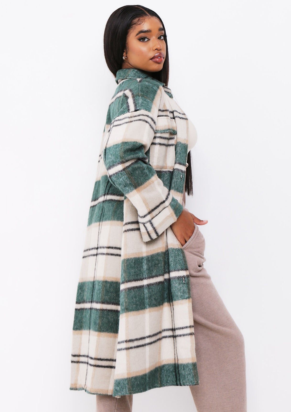 Faye Green Checked Longline Shacket sold by Missy Empire product image thumbnail 3