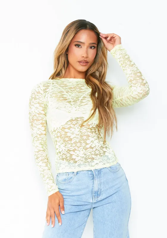 Rachel Yellow Sheer Lace Long Sleeve Top sold by Missy Empire