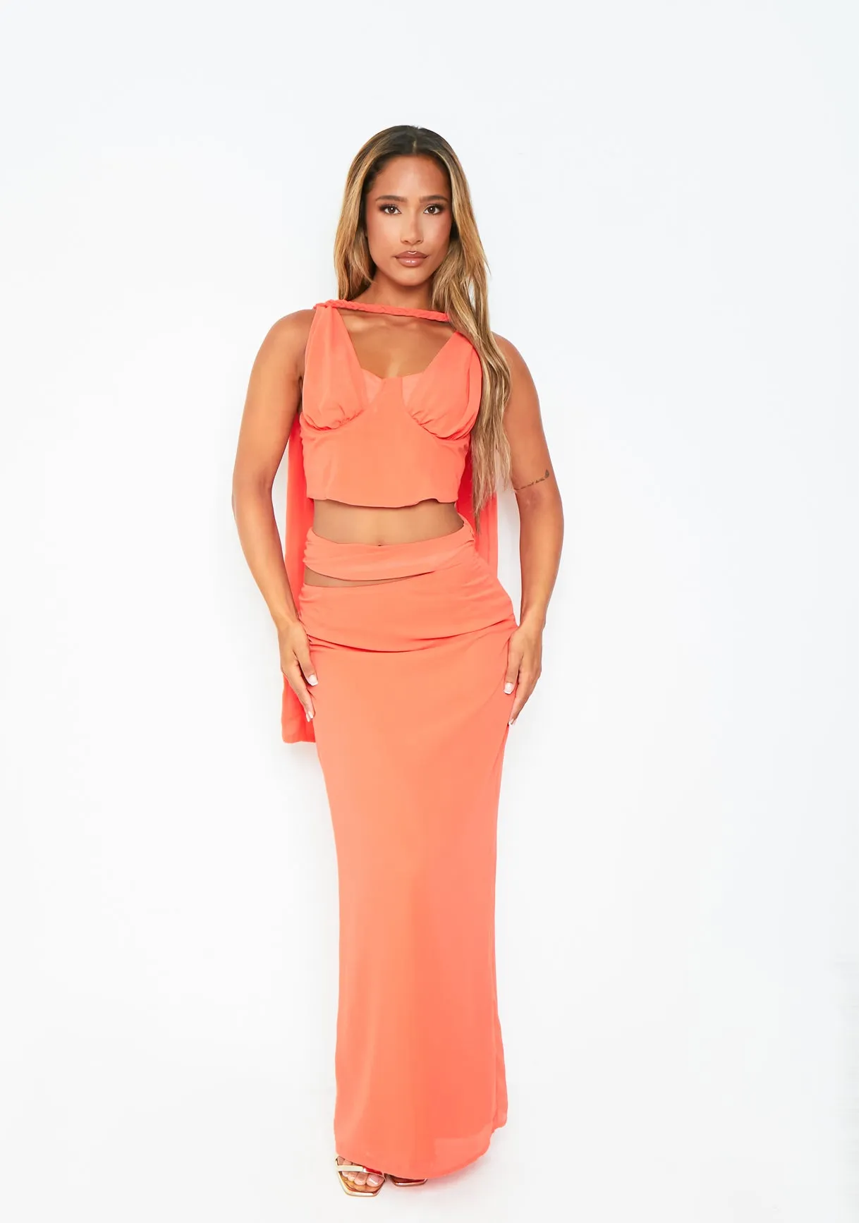 Chloe Orange Chiffon Maxi Skirt sold by Missy Empire
