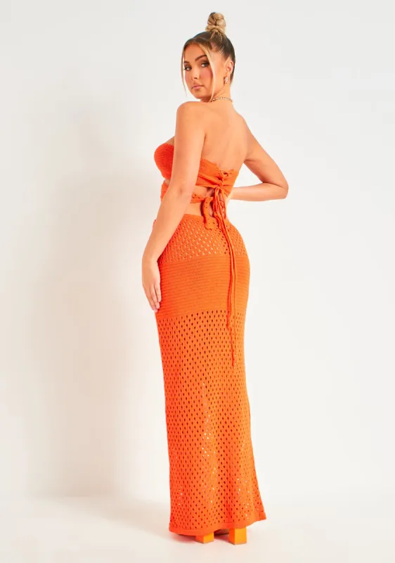 Kassie Orange Crochet Cut Out Maxi Skirt sold by Missy Empire