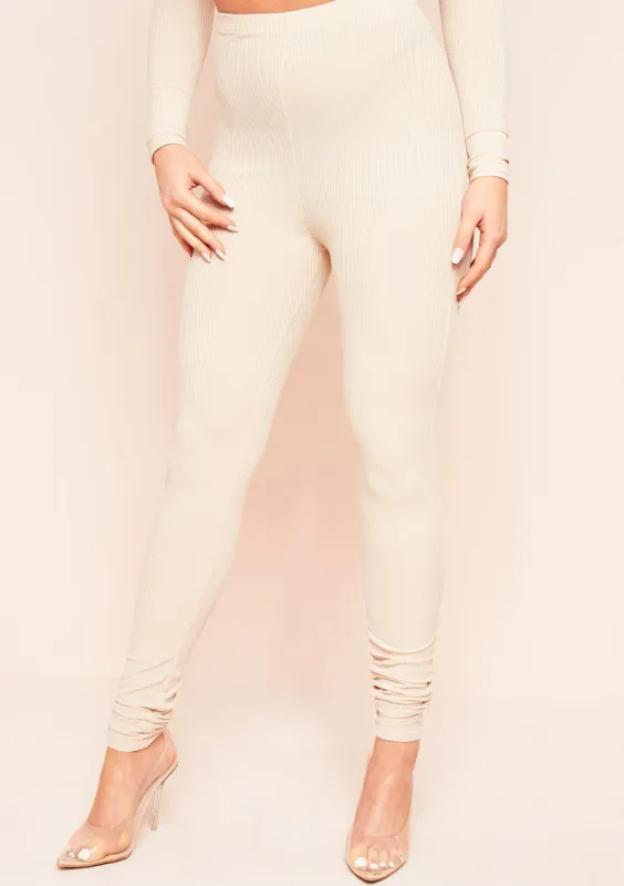 Nova Beige Plain Ribbed Leggings sold by Missy Empire