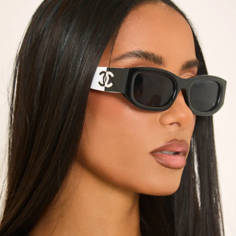 Rectangle Shape Side Logo Thick Frame Sunglasses In Black And White sold by Missy Empire