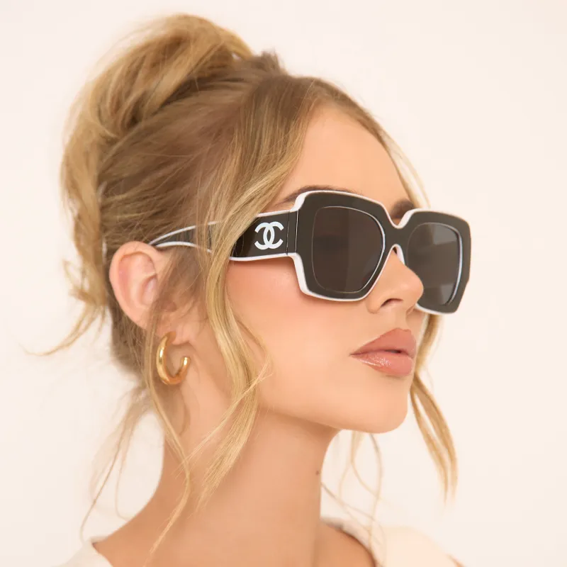 Side Logo Detail White Trim Oversized Sunglasses In Black sold by Missy Empire