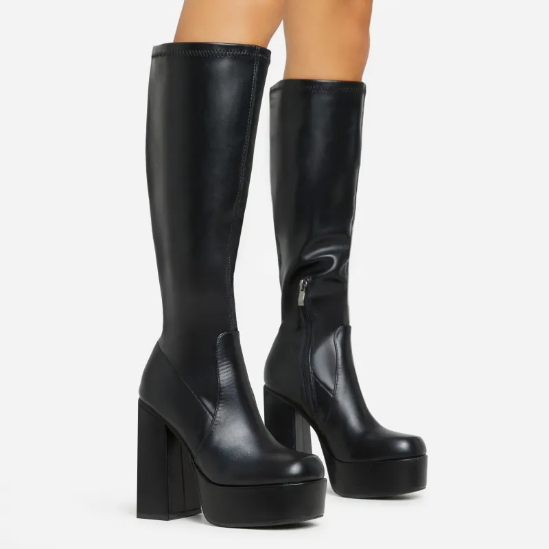 Runway Square Toe Platform Block Heel Knee High Long Sock Boot In Black Faux Leather sold by Missy Empire