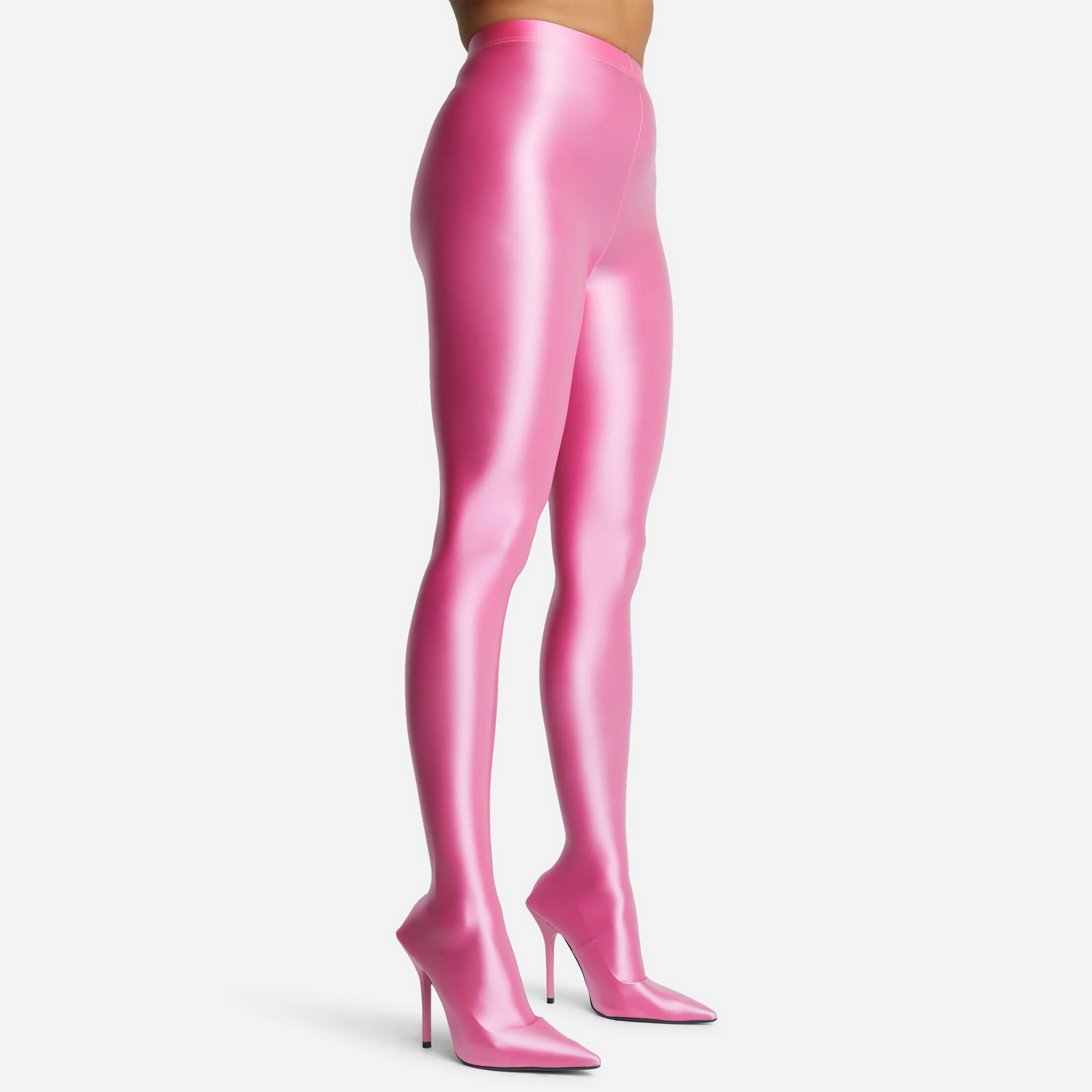 Aim-High Pointed Toe Long Legging Heel Boot In Pink Lycra sold by Missy Empire