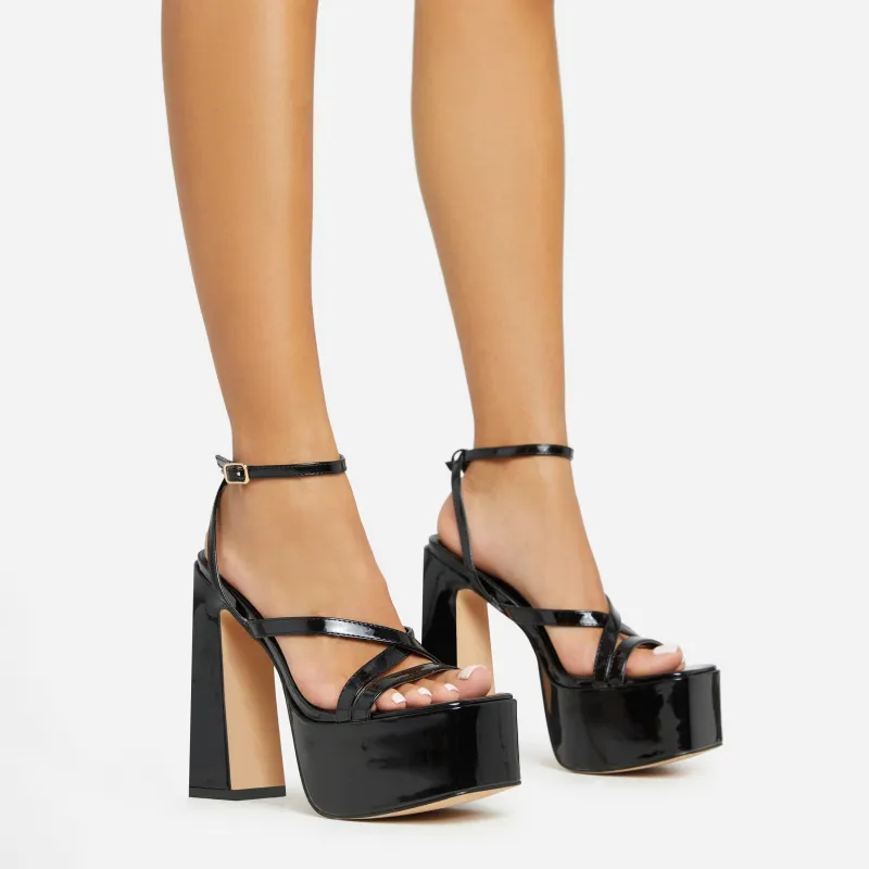 Libby Strappy Detail Square Toe Platform Block Heel In Black Patent sold by Missy Empire