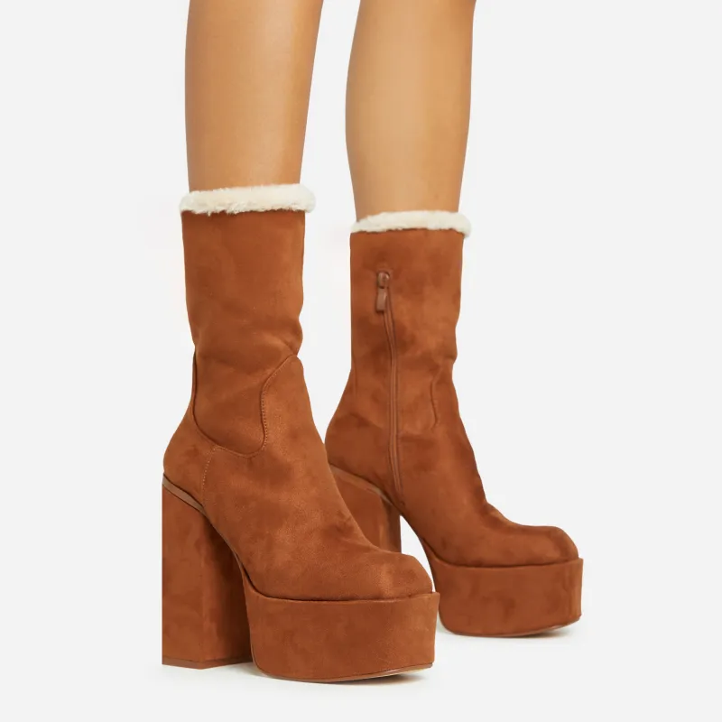 Peri Faux Fur Lining Square Toe Platform Block Heel Ankle Boot In Tan Brown Faux Suede sold by Missy Empire