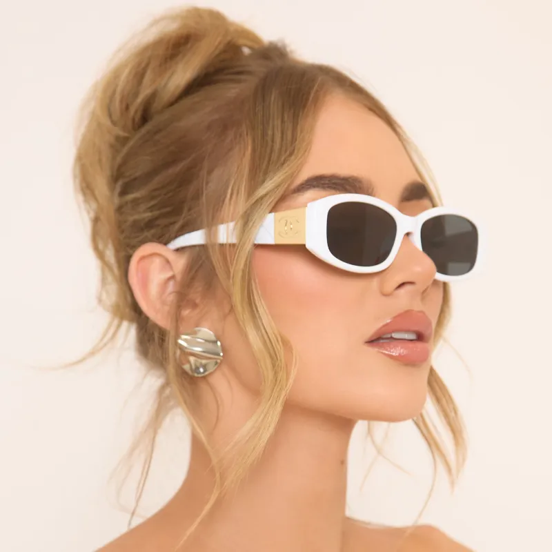 Gold Side Logo Detail Square Shaped Sunglasses In White sold by Missy Empire