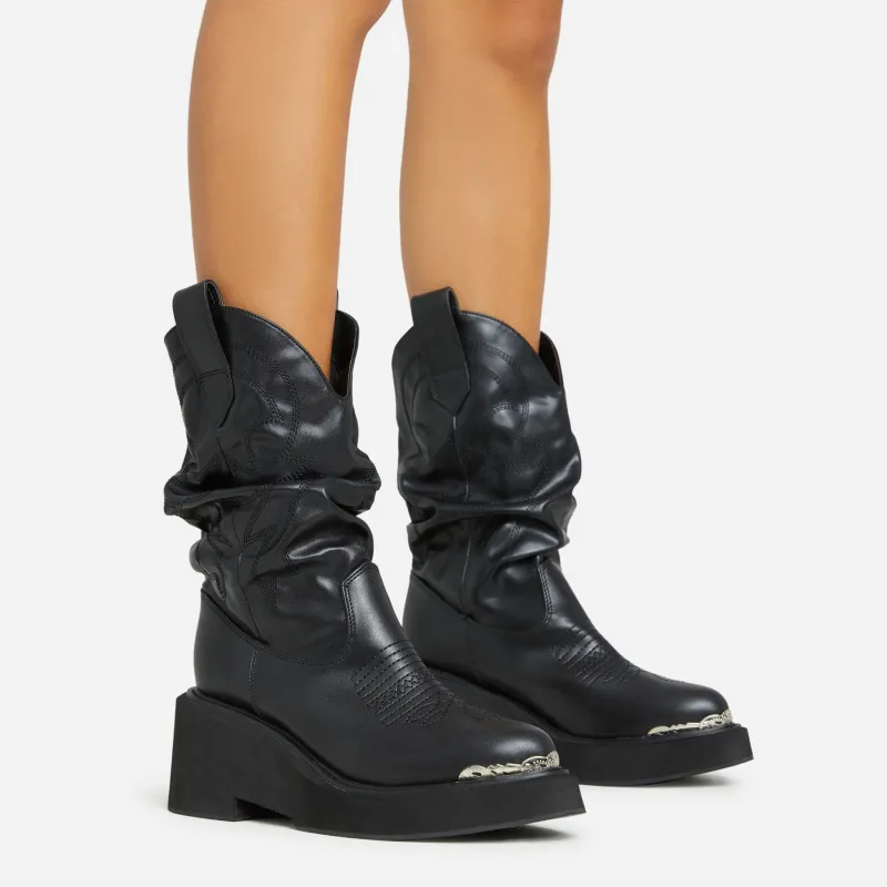 Ohio Embroidered Detail Ankle Western Cowboy Boot In Black Faux Leather sold by Missy Empire