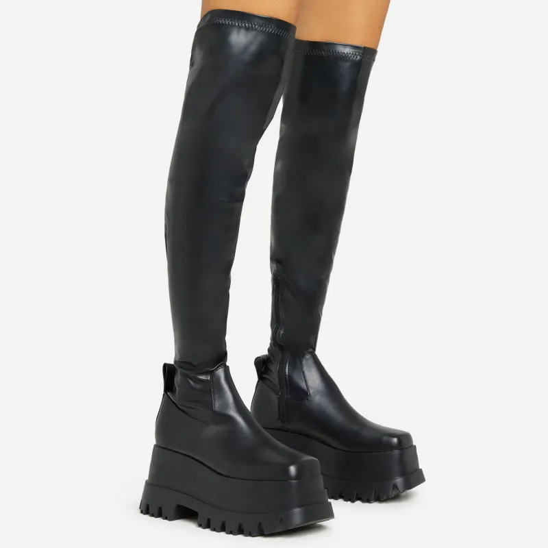 Kriss Chunky Platform Sole Over The Knee Thigh High Long Boot In Black Faux Leather sold by Missy Empire