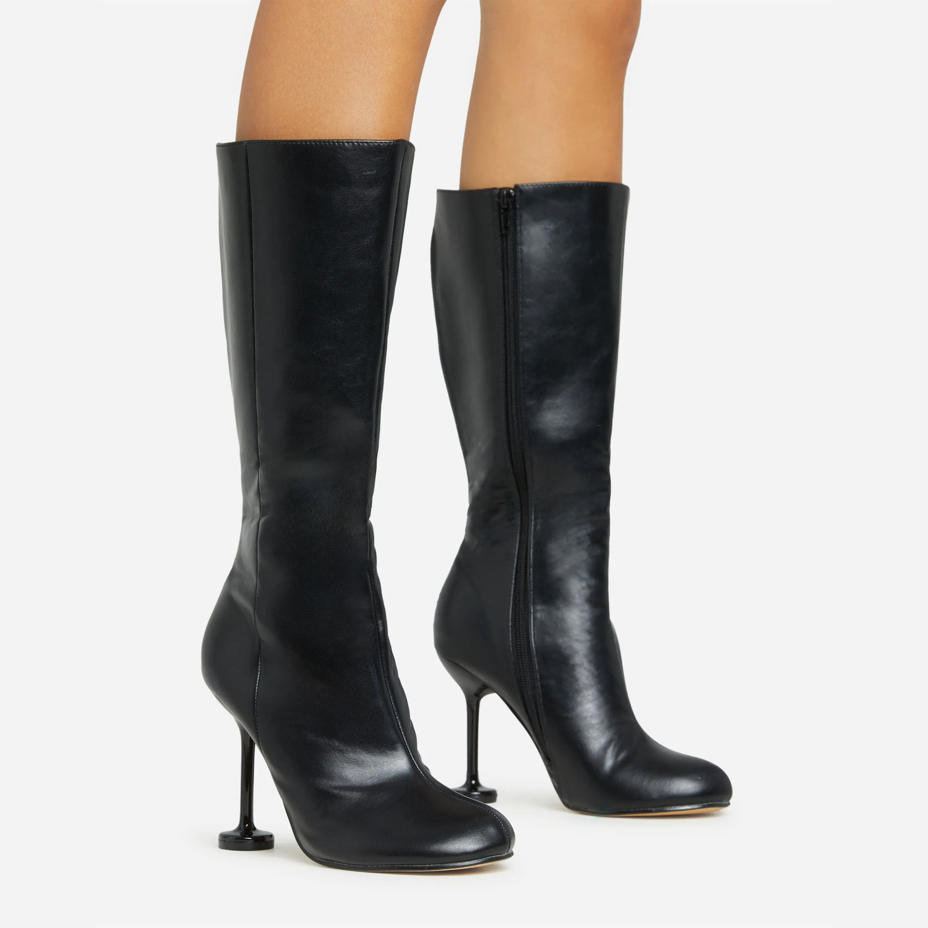 Envious Square Toe Mid Calf Heel Boot In Black Faux Leather sold by Missy Empire
