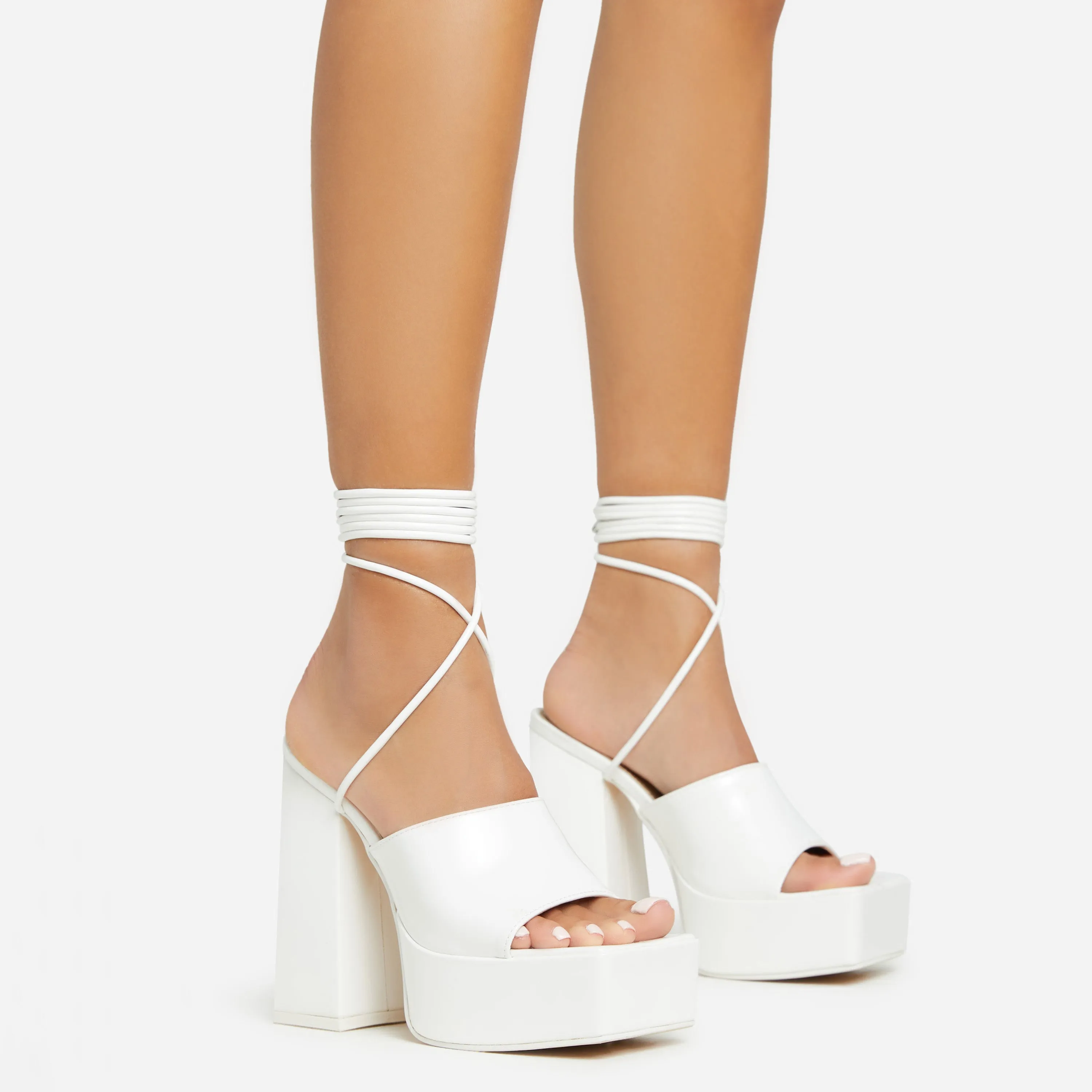 Clay Lace Up Square Toe Platform Block Heel In White Patent sold by Missy Empire