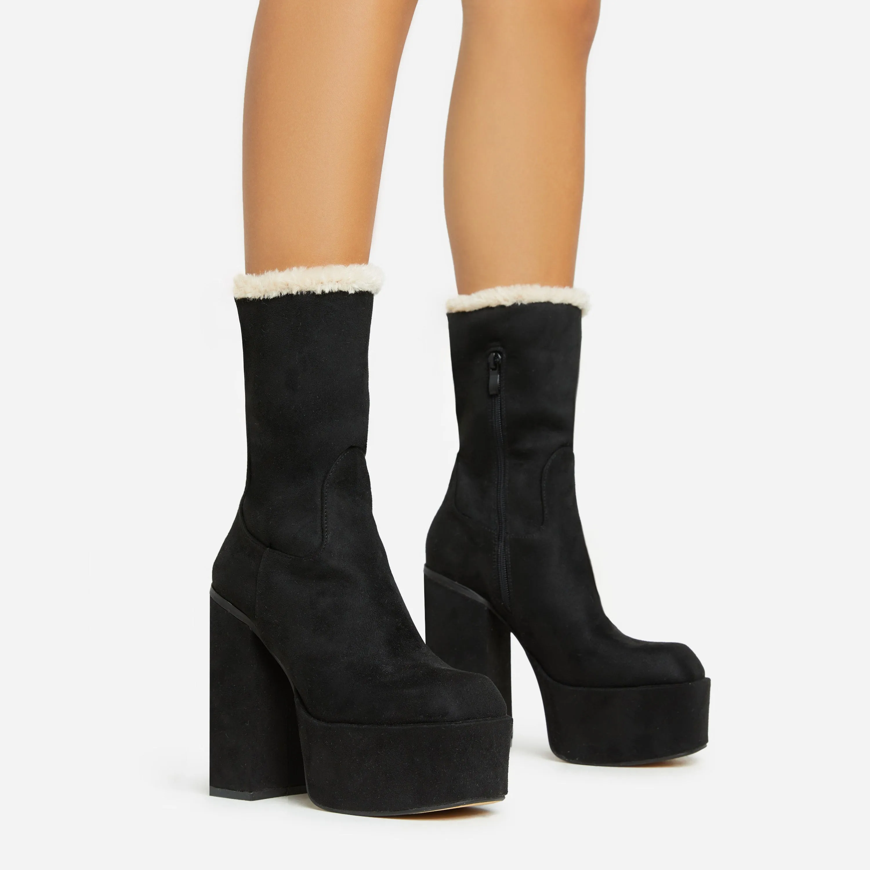 Peri Faux Fur Lining Square Toe Platform Block Heel Ankle Boot In Black Faux Suede sold by Missy Empire