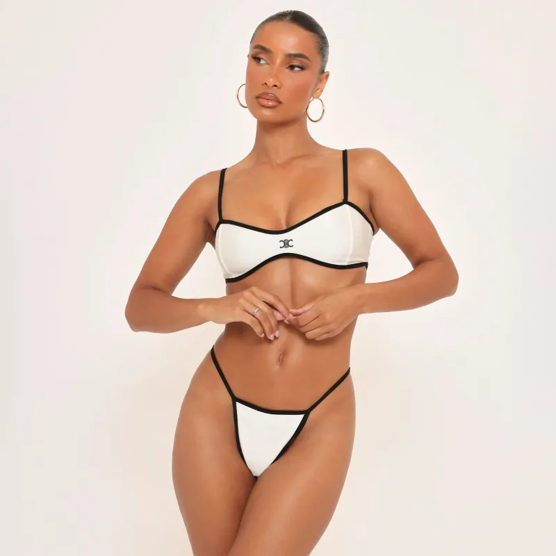 Contrast Trim Detail Logo Bikini Set In White sold by Missy Empire