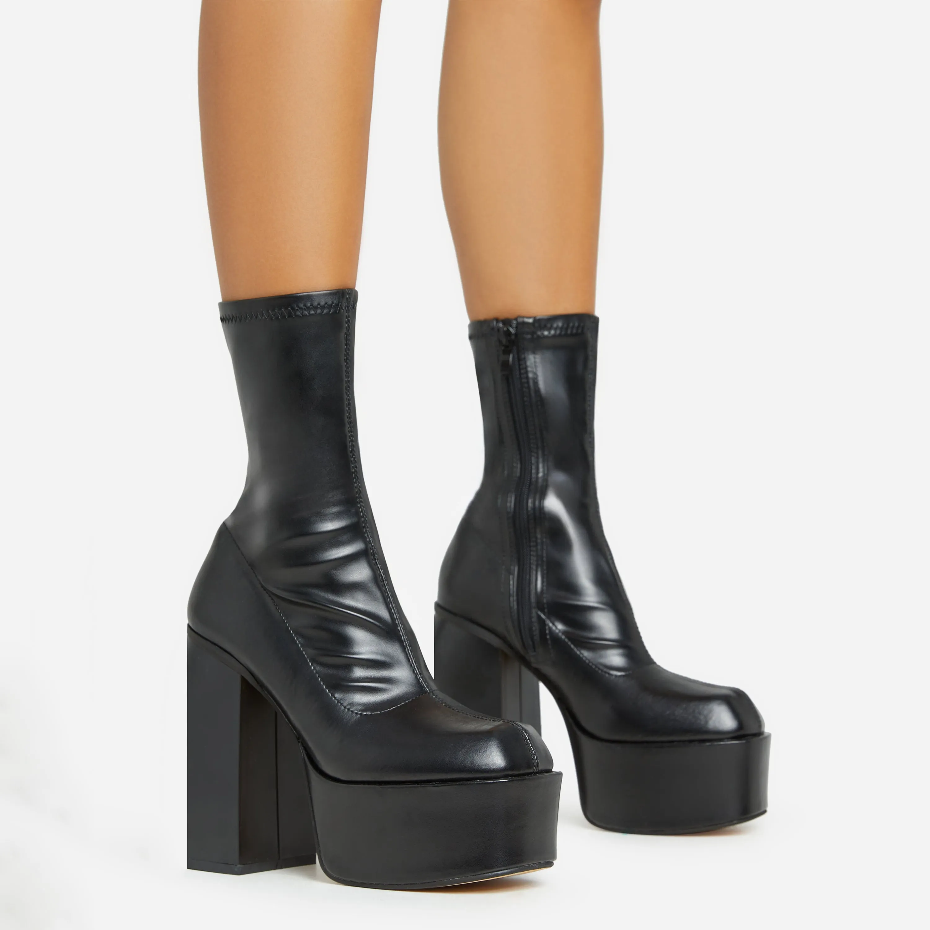 Fiji Square Toe Block Heel Platform Ankle Sock Boot In Black Faux Leather sold by Missy Empire