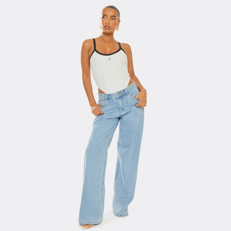 Contrast Scoop Neck Logo Detail High Leg Swimsuit In White sold by Missy Empire