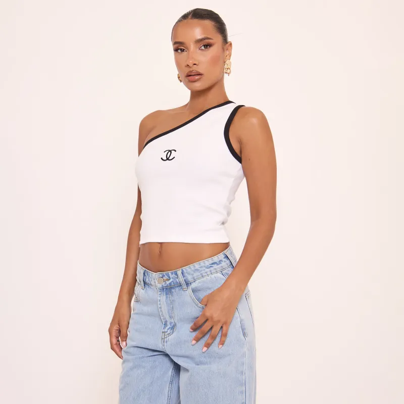 One Shoulder Contrast Trim Logo Detail Vest Top In White sold by Missy Empire