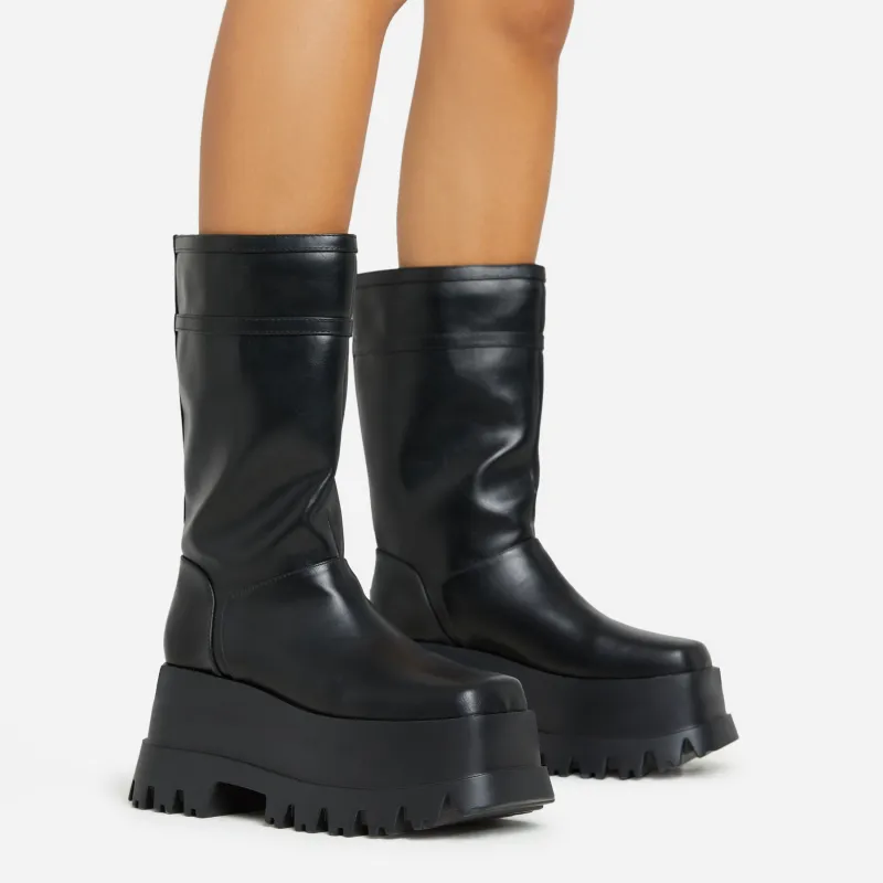 Walker Chunky Platform Sole Mid Calf Biker Boot In Black Faux Leather sold by Missy Empire