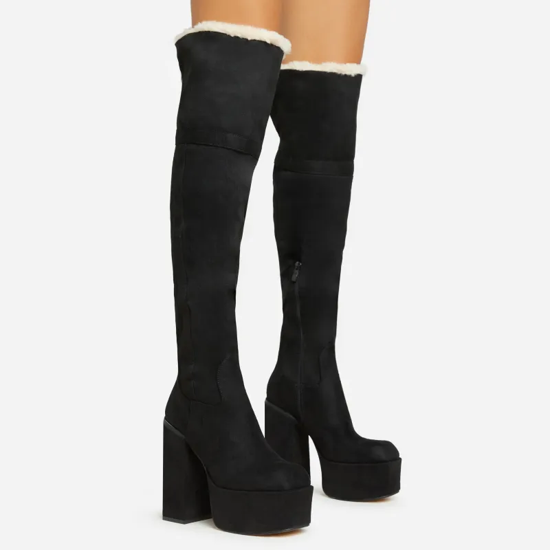 Rambles Faux Fur Lining Square Toe Platform Block Heel Over The Knee Thigh High Long Boot In Black Faux Suede sold by Missy Empire