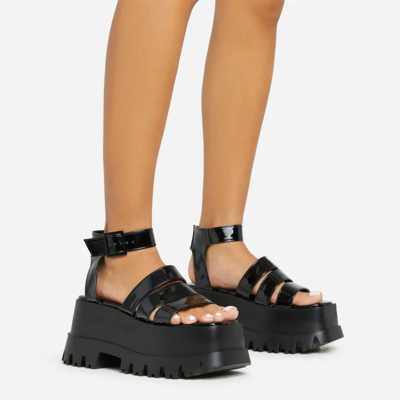 Track Multi Strap Detail Chunky Platform Sole Flat Sandal In Black Patent sold by Missy Empire