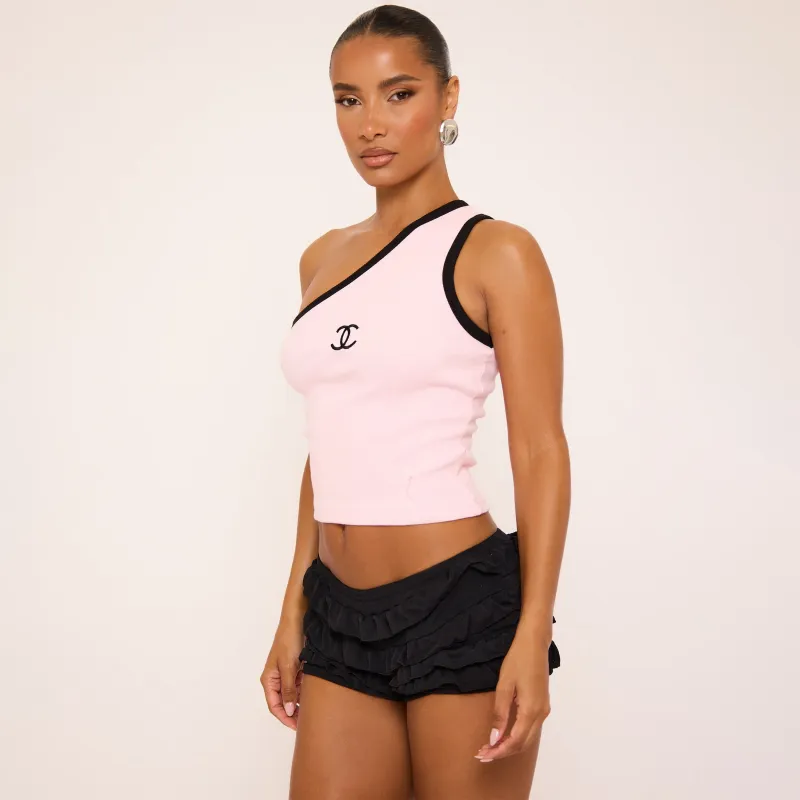 One Shoulder Contrast Trim Logo Detail Vest Top In Pink sold by Missy Empire