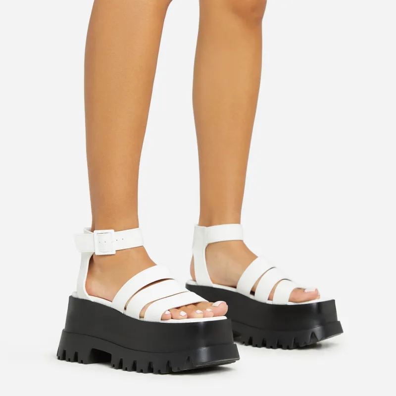 Track Multi Strap Detail Chunky Platform Flat Sole Sandal In White Faux Leather sold by Missy Empire
