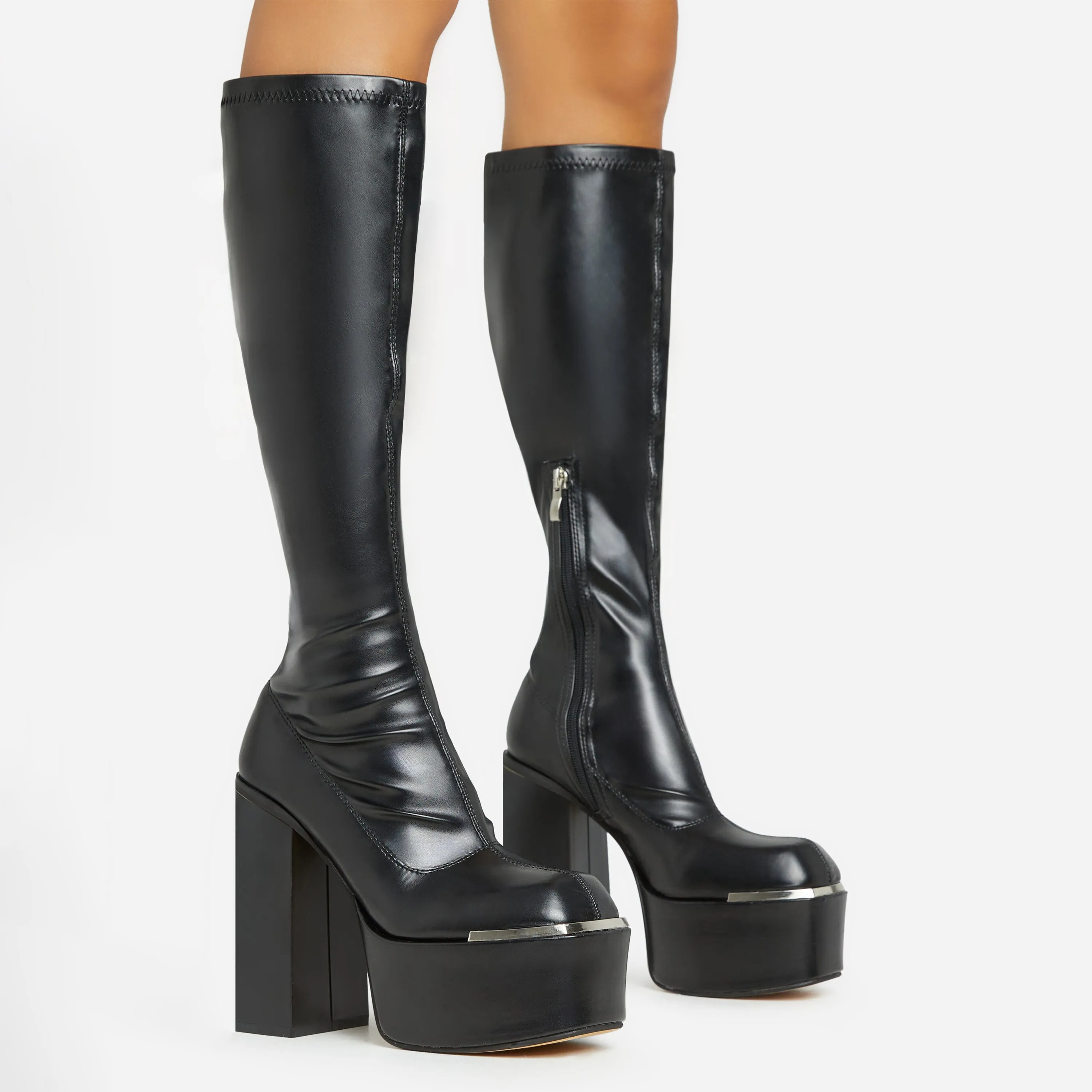 Own-It Square Toe Platform Block Heel Knee High Long Sock Boot In Black Faux Leather sold by Missy Empire