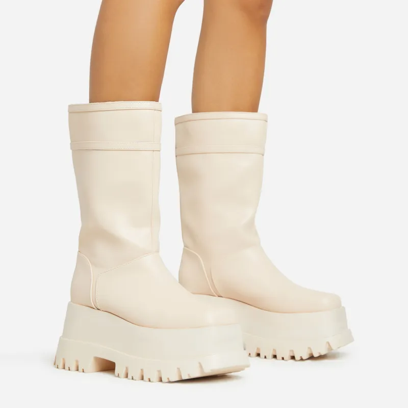 Walker Chunky Platform Sole Mid Calf Biker Boot In Nude Faux Leather sold by Missy Empire