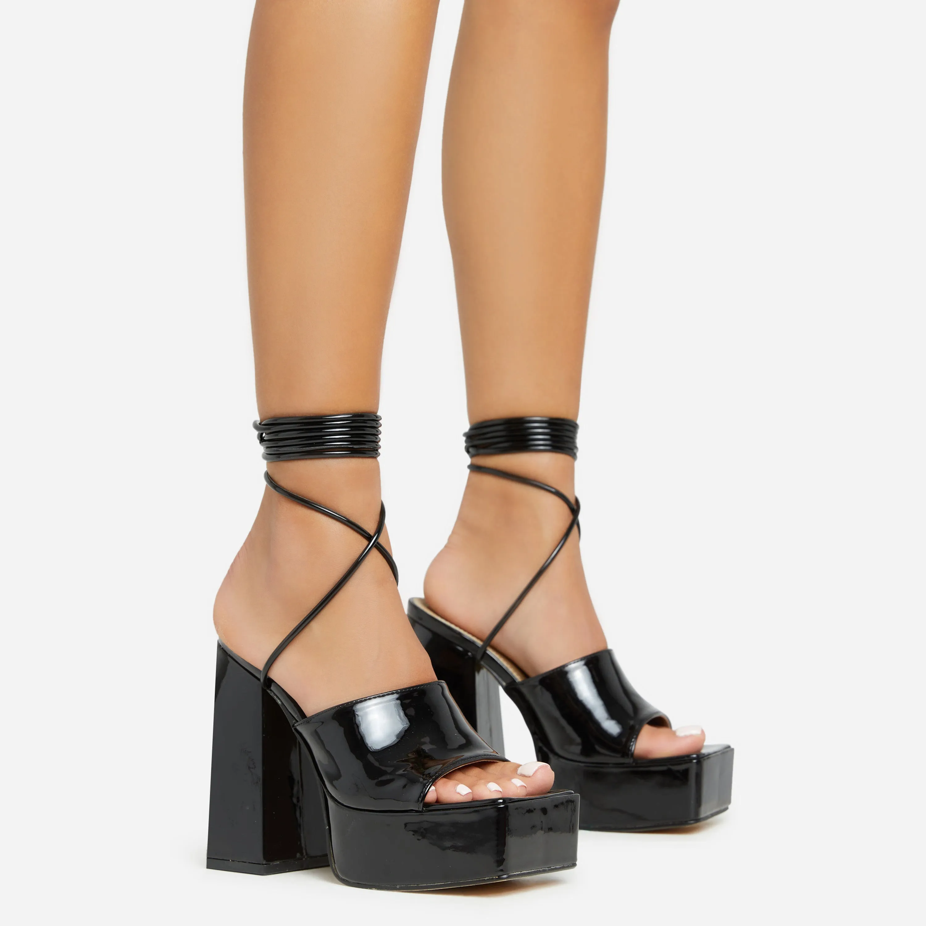 Clay Lace Up Square Toe Platform Block Heel In Black Patent sold by Missy Empire