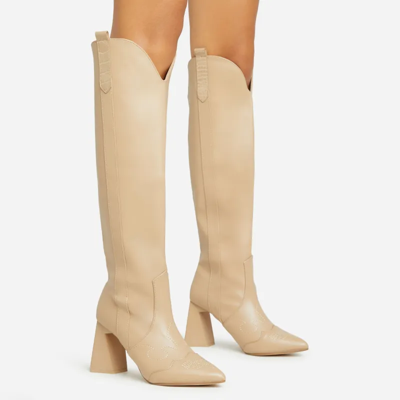 Wild-Side Pointed Toe Block Heel Knee High Long Western Cowboy Boot In Nude Faux Leather sold by Missy Empire