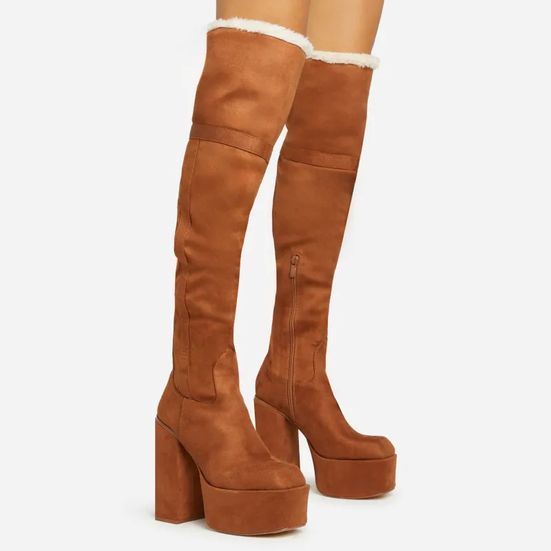 Rambles Faux Fur Lining Square Toe Platform Block Heel Over The Knee Thigh High Long Boot In Tan Brown Faux Suede sold by Missy Empire