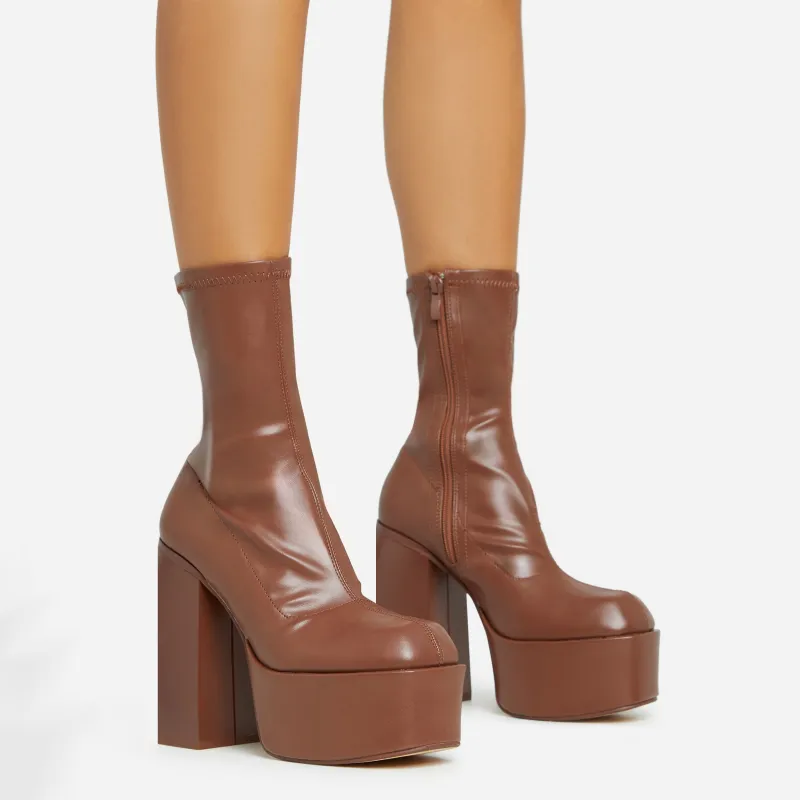 Fiji Square Toe Block Heel Platform Ankle Sock Boot In Dark Brown Faux Leather sold by Missy Empire