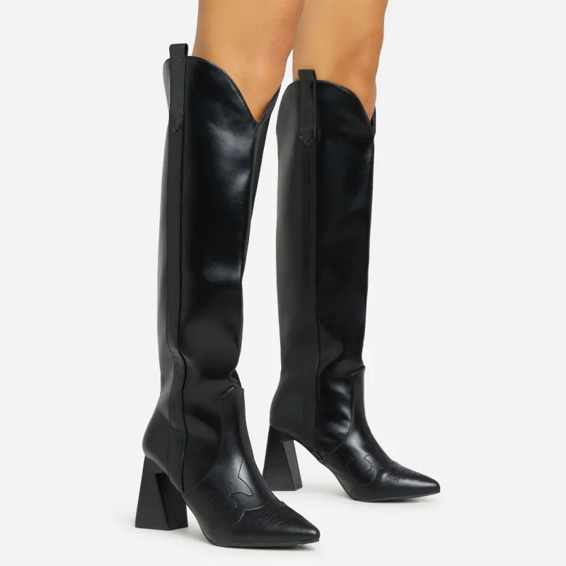 Wild-Side Pointed Toe Block Heel Knee High Long Western Cowboy Boot In Black Faux Leather sold by Missy Empire