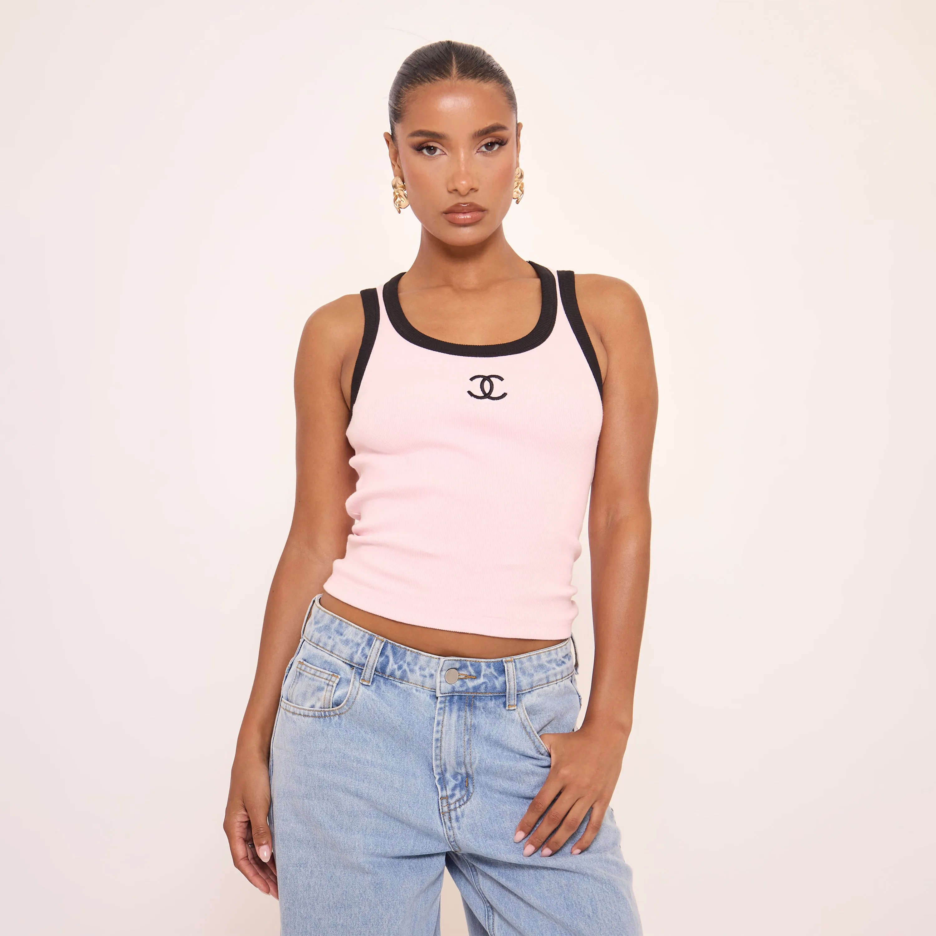 Scoop Neck Contrast Trim Logo Detail Vest Top In Pink sold by Missy Empire