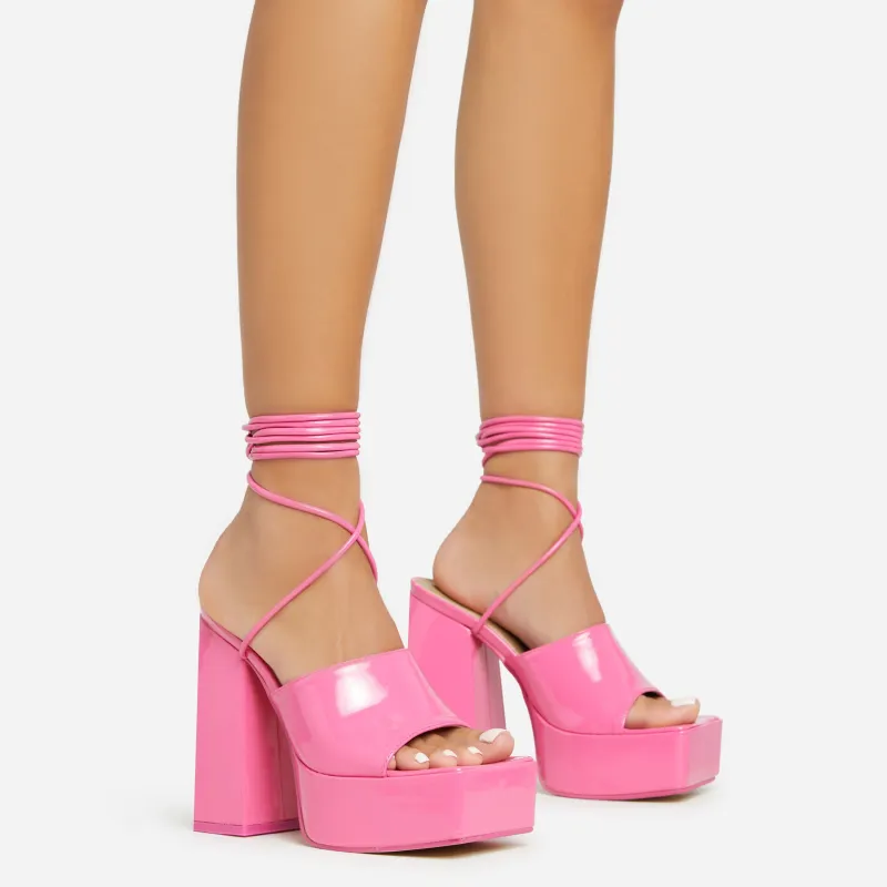 Clay Lace Up Square Toe Platform Block Heel In Pink Patent sold by Missy Empire