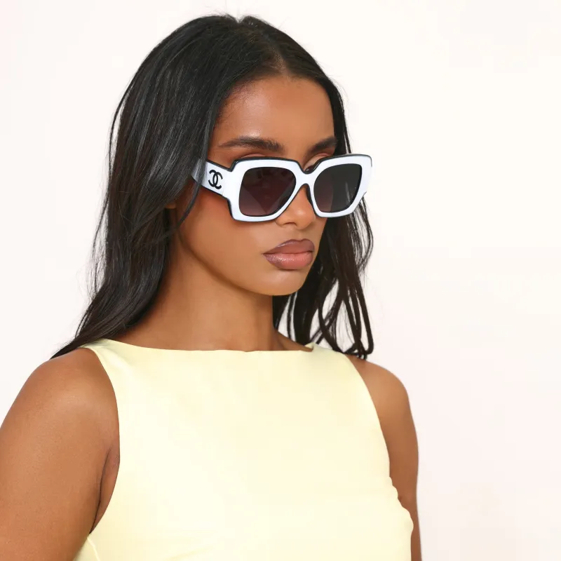 Side Logo Contrast Detail Oversized Sunglasses In White sold by Missy Empire