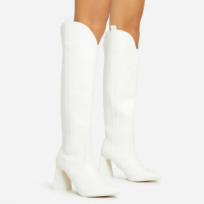 Wild-Side Pointed Toe Block Heel Knee High Long Western Cowboy Boot In White Faux Leather sold by Missy Empire