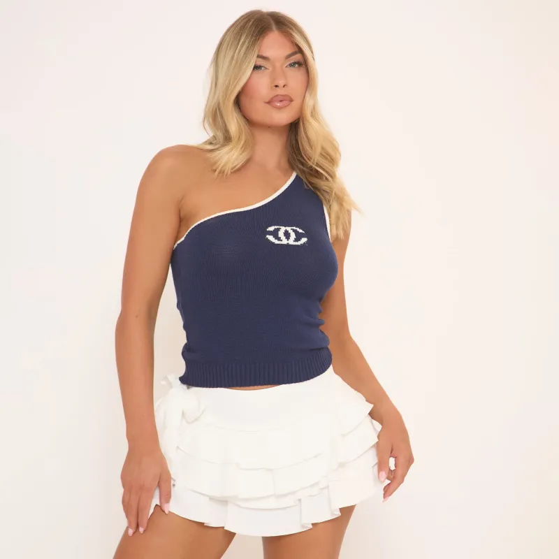 One Shoulder Contrast Logo Trim Detail Top In Blue Knit sold by Missy Empire