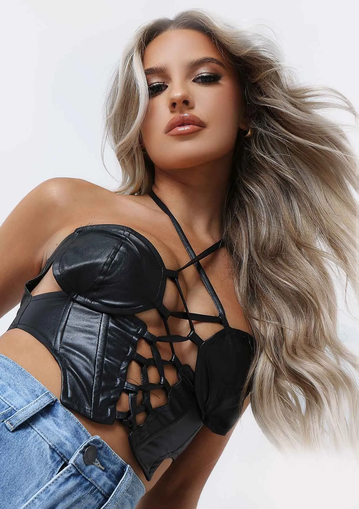 Essie Black PU Lace Up Halterneck Corset Co-ord Top sold by Missy Empire product image thumbnail 4