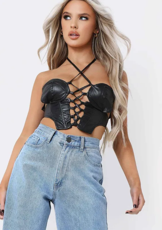 Essie Black PU Lace Up Halterneck Corset Co-ord Top sold by Missy Empire