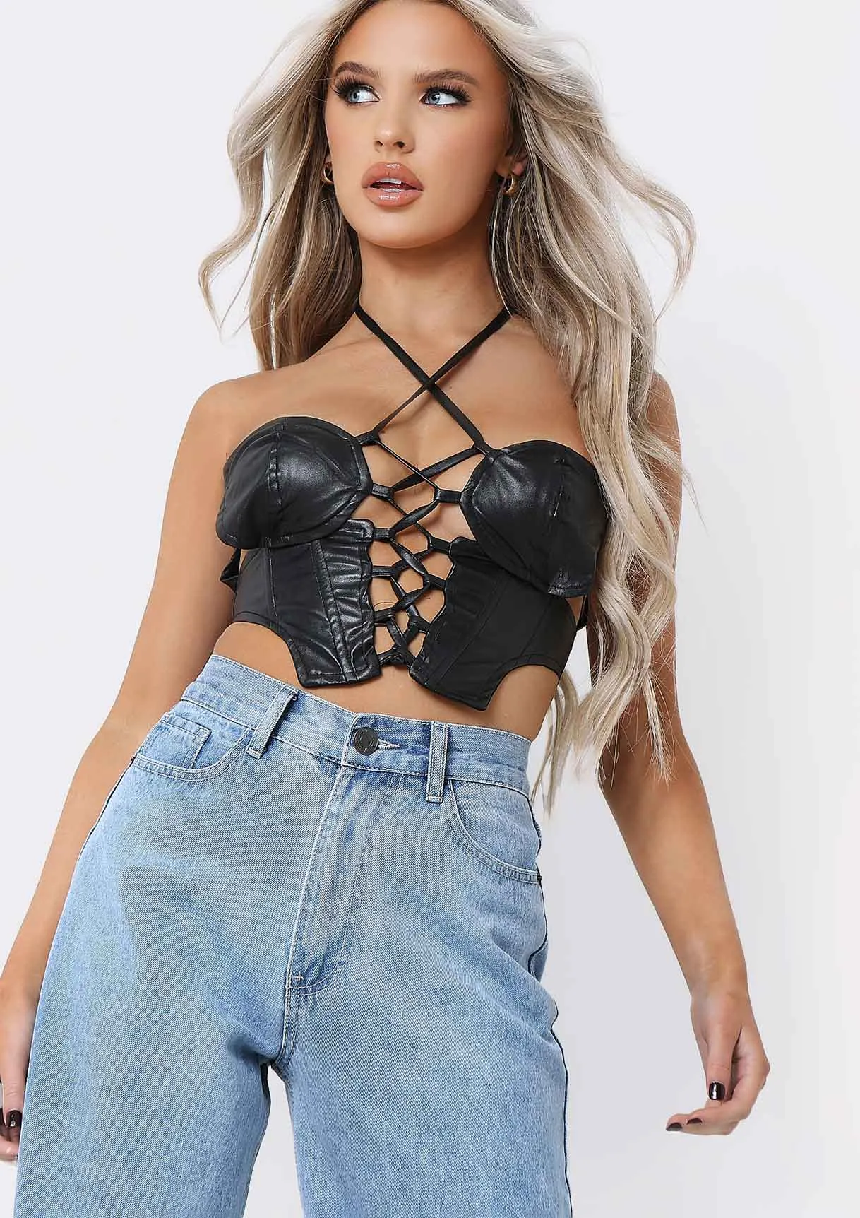 Essie Black PU Lace Up Halterneck Corset Co-ord Top sold by Missy Empire