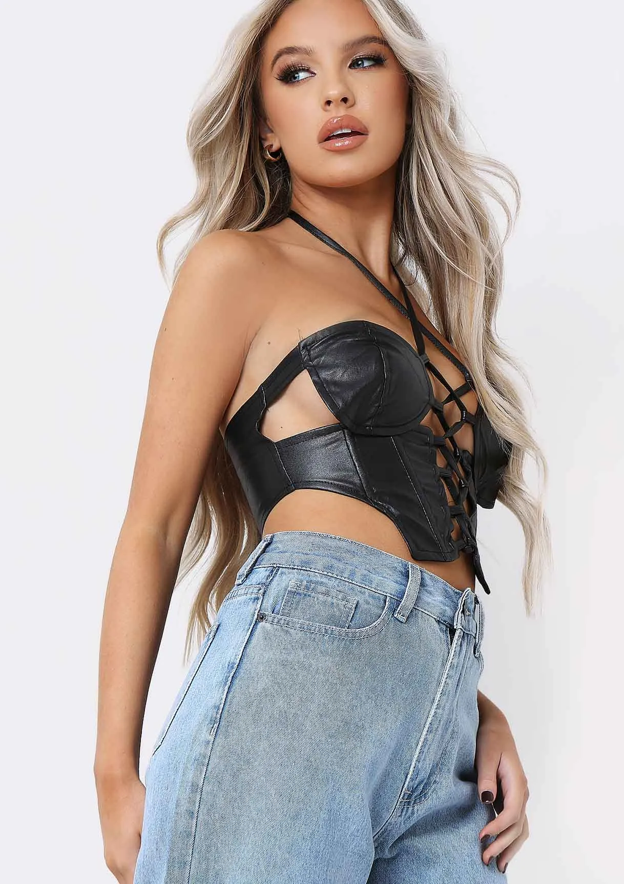 Essie Black PU Lace Up Halterneck Corset Co-ord Top sold by Missy Empire product image thumbnail 5